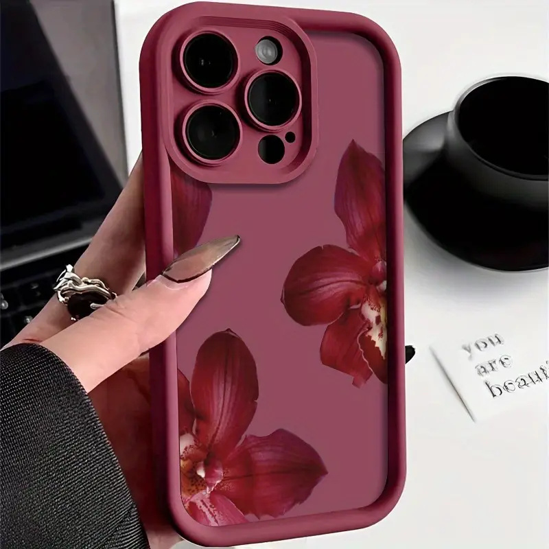Wine & Beer Quito - Şarap Kırmızısı Orkide Çiçeği Desenli Telefon